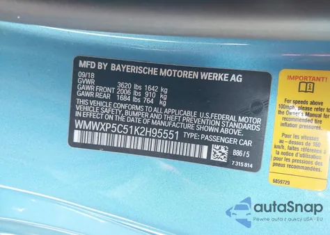 2019 Mini Hardtop Cooper from USA, damaged, VIN WMWXP5C51K2H95551